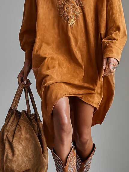 Sybil | Loose Lapel V-Neck Printed Long-Sleeved Midi Dress