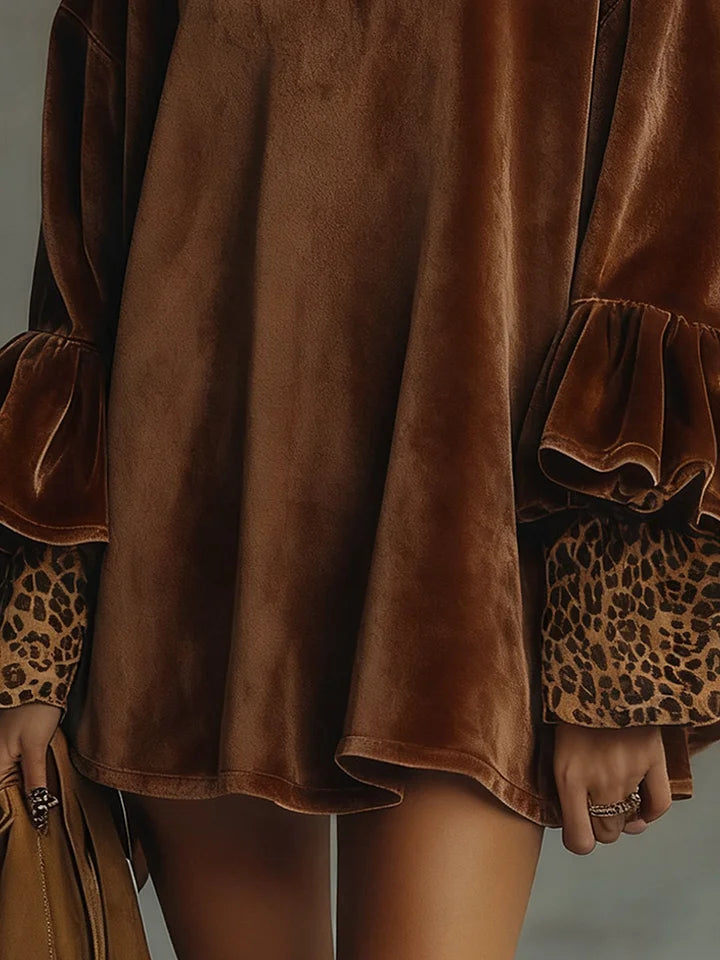 LILY VELVET MINI DRESS WITH LEOPARD PRINT, RUFFLED CUFFS AND HEM