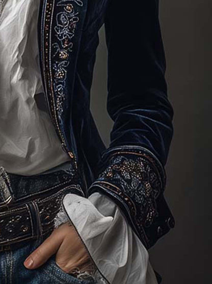 Erica | Long Vintage Velvet Jacket with Embroidery