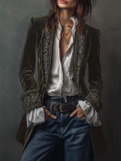 Erica | Long Vintage Velvet Jacket with Embroidery
