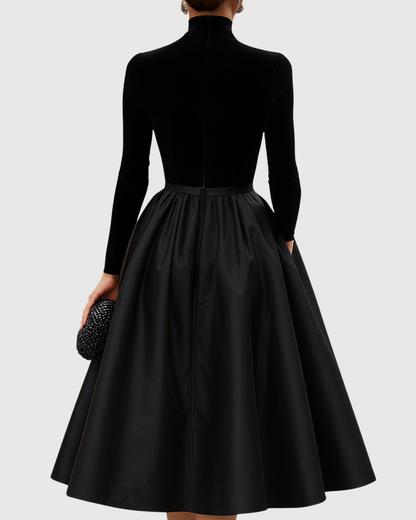 ARADIA | ELEGANT BLACK VELVET AND SATIN MIDI DRESS