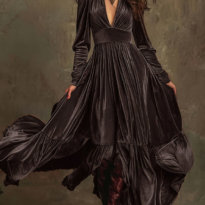 SERAFINA | RETRO OVERSIZED SKIRT LONG DRESS WITH DEEP V-NECK