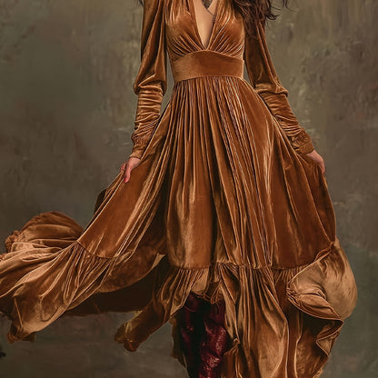 SERAFINA | RETRO OVERSIZED SKIRT LONG DRESS WITH DEEP V-NECK