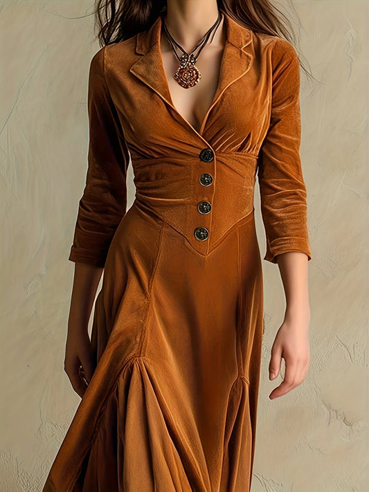 ELOWENNA | ELEGANT BUTTON-FRONT COLLAR DRESS WITH 7/8 SLEEVE