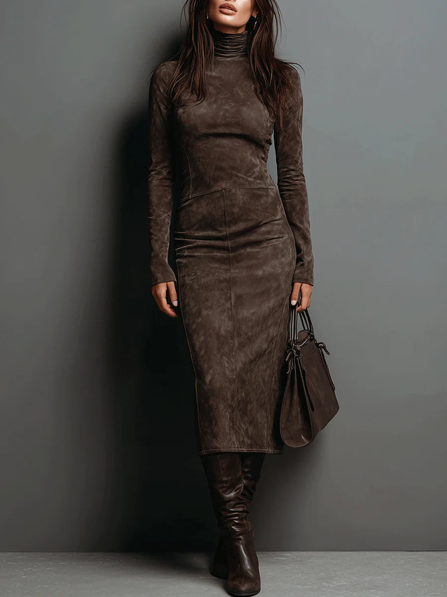 Seraphina | High Neck Long Sleeve Suede Midi Dress