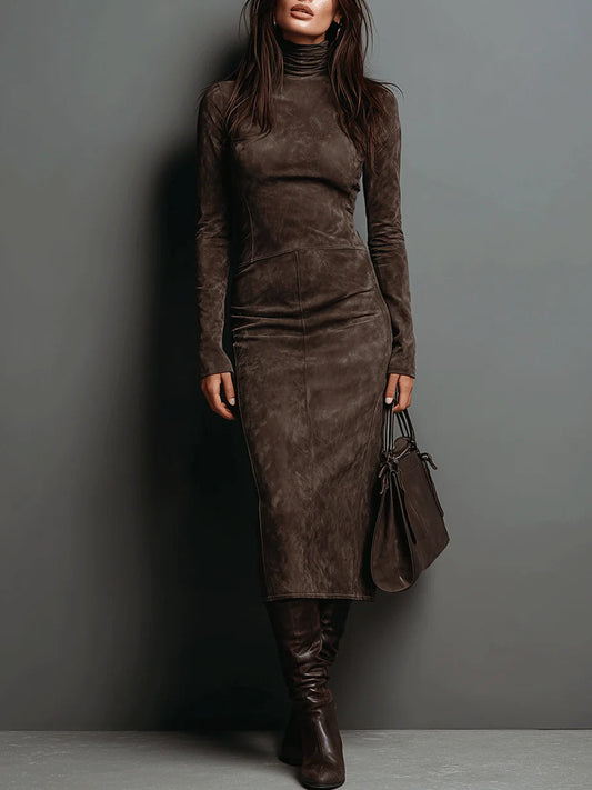 Seraphina | High Neck Long Sleeve Suede Midi Dress