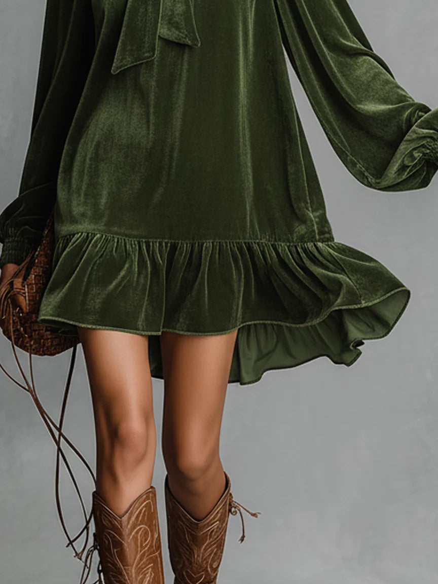 AVA LOOSE-FITTING VELVET MINI DRESS WITH NECKLINE BOW