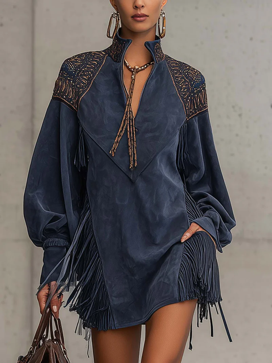 JUNO INDIGO SUEDE MINI DRESS WITH EMBROIDERED TASSELS AND STAND COLLAR