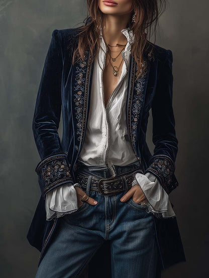 Erica | Long Vintage Velvet Jacket with Embroidery