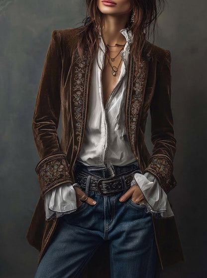 Erica | Long Vintage Velvet Jacket with Embroidery