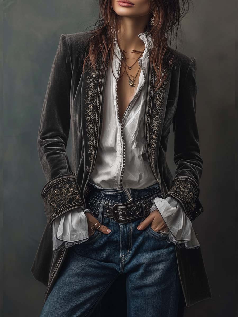 Erica | Long Vintage Velvet Jacket with Embroidery